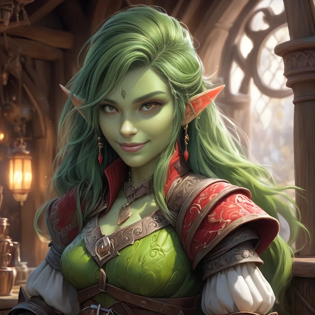 Prompt: Full Body, oil painting, D&D fantasy, very cute, 22 years old half orc female ((green-skinned-orc girl)) Bard, green-skinned-female, ((beautiful detailed face and large glowing red eyes)), Pious, rosy cheeks and nose,  long rich dark hair, small pointed ears, ((large tusks)), Happy laughing and singing in a medieval tavern, intricate detailed shapely ((leather bard clothes)), intricate hyper detailed hair, intricate hyper detailed eyelashes, intricate hyper detailed shining pupils #3238, UHD, hd , 8k eyes, detailed face, big anime dreamy eyes, 8k eyes, intricate details, insanely detailed, masterpiece, cinematic lighting, 8k, complementary colors, golden ratio, octane render, volumetric lighting, unreal 5, artwork, concept art, cover, top model, light on hair colorful glamourous hyperdetailed  inside of a Tavern background, intricate hyperdetailed inside of a Tavern background, ultra-fine details, hyper-focused, deep colors, dramatic lighting, ambient lighting god rays, | by sakimi chan, artgerm, wlop, pixiv, tumblr, instagram, deviantart