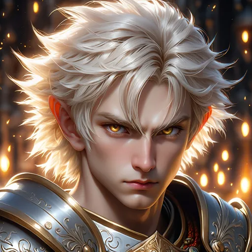 Prompt: Full body visible, oil painting, D&D fantasy, older pale-skinned-gnome man, pale-skinned-gnome male, short, ((handsome detailed face and eyes)), short bright white hair, cropped hair, ready for battle, pointed ears, looking at the viewer, warrior wearing intricate armor outfit, intricate hyper detailed hair, intricate hyper detailed eyelashes, intricate hyper detailed shining pupils #3238, UHD, hd , 8k eyes, detailed face, big anime dreamy eyes, 8k eyes, intricate details, insanely detailed, masterpiece, cinematic lighting, 8k, complementary colors, golden ratio, octane render, volumetric lighting, unreal 5, artwork, concept art, cover, top model, light on hair colorful glamourous hyperdetailed medieval city background, intricate hyperdetailed breathtaking bloodied war torn view landscape, ultra-fine details, hyper-focused, deep colors, dramatic lighting, ambient lighting god rays | by sakimi chan, artgerm, wlop, pixiv, tumblr, instagram, deviantart