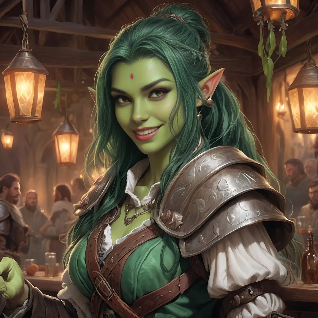 Prompt: Full Body, oil painting, D&D fantasy, very cute, 22 years old half orc female ((green-skinned-orc girl)) Bard, green-skinned-female, ((beautiful detailed face and large glowing red eyes)), Pious, rosy cheeks and nose,  long rich black hair, small pointed ears, ((large tusks)), Happy laughing and singing in a medieval tavern, intricate detailed shapely ((leather bard clothes)), intricate hyper detailed hair, intricate hyper detailed eyelashes, intricate hyper detailed shining pupils #3238, UHD, hd , 8k eyes, detailed face, big anime dreamy eyes, 8k eyes, intricate details, insanely detailed, masterpiece, cinematic lighting, 8k, complementary colors, golden ratio, octane render, volumetric lighting, unreal 5, artwork, concept art, cover, top model, light on hair colorful glamourous hyperdetailed  inside of a Tavern background, intricate hyperdetailed inside of a Tavern background, ultra-fine details, hyper-focused, deep colors, dramatic lighting, ambient lighting god rays, | by sakimi chan, artgerm, wlop, pixiv, tumblr, instagram, deviantart