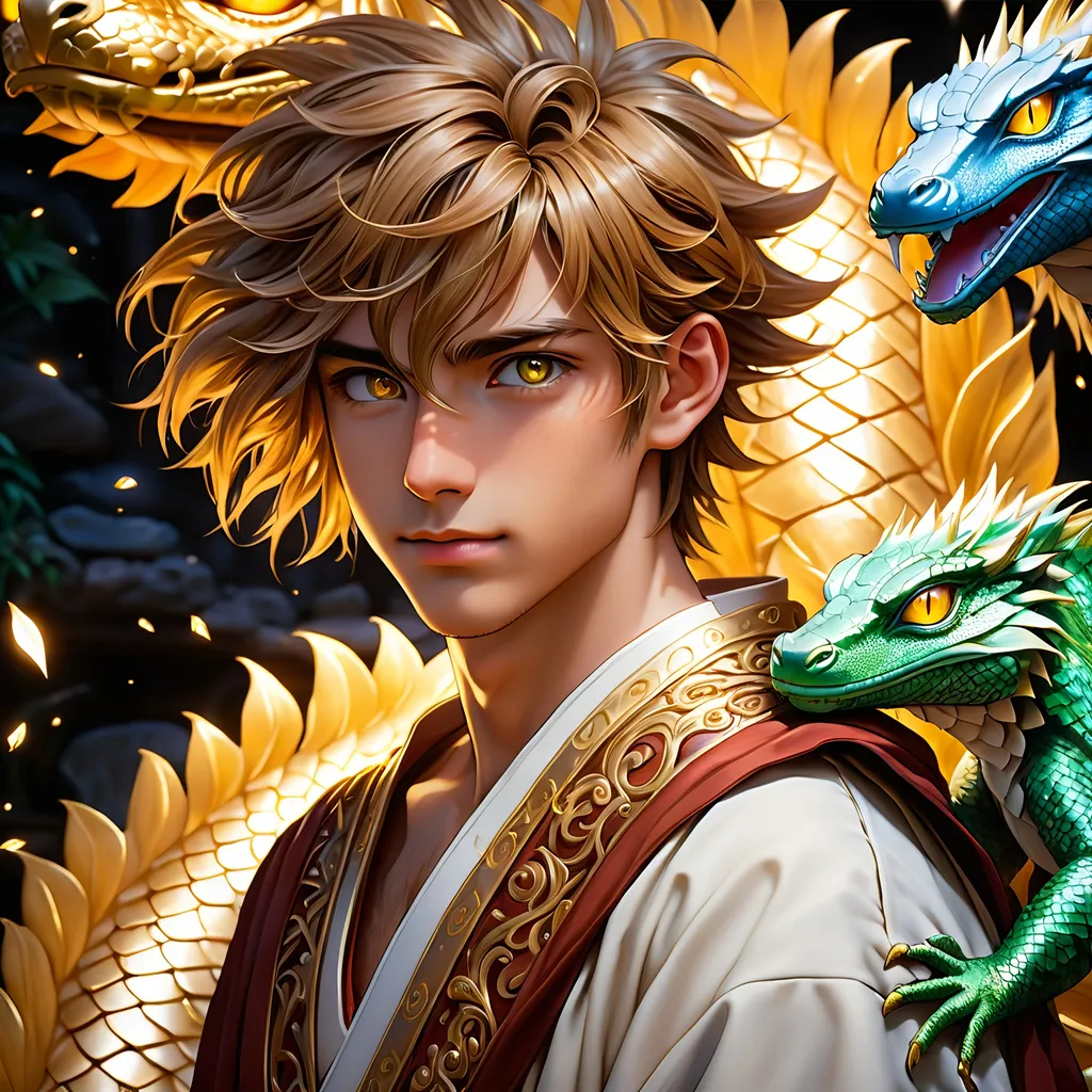 Prompt: Full body visible, oil painting, D&D fantasy, 22 years old mongrel man, ((Left side of the face covered in lizard scales)), ((rugged detailed face and glowing gold anime eyes)), short chestnut hair, wise smile, looking at the viewer, intricate detailed cloth monk robes, intricate hyper detailed hair, intricate hyper detailed eyelashes, intricate hyper detailed shining pupils, #3238, UHD, hd , 8k eyes, detailed face, big anime dreamy eyes, 8k eyes, intricate details, insanely detailed, masterpiece, cinematic lighting, 8k, complementary colors, golden ratio, octane render, volumetric lighting, unreal 5, artwork, concept art, cover, top model, light on hair colorful glamourous hyperdetailed house ruins background, intricate hyperdetailed house ruins background, ultra-fine details, hyper-focused, deep colors, dramatic lighting, ambient lighting | by sakimi chan, artgerm, wlop, pixiv, tumblr, instagram, deviantart