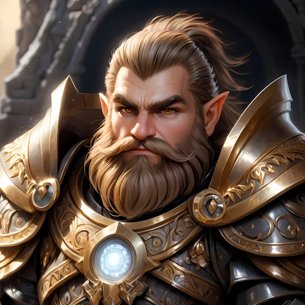 Prompt: Full body visible, oil painting, D&D fantasy, older years old ((Male)) Gold Dwarf, ((dwarf build, rugged older detailed face and hazel eyes)), ((Short, stocky, slightly chubby, broad shoulders)), long straight light brown hair, long brown Dwarven beard, short pointed ears, determined look, looking at the viewer, intricate detailed black magical armor, intricate hyper detailed hair, intricate hyper detailed eyelashes, intricate hyper detailed shining pupils, #3238, UHD, hd , 8k eyes, detailed face, big anime dreamy eyes, 8k eyes, intricate details, insanely detailed, masterpiece, cinematic lighting, 8k, complementary colors, golden ratio, octane render, volumetric lighting, unreal 5, artwork, concept art, cover, top model, light on hair colorful glamourous hyperdetailed plains battlefield background, intricate hyperdetailed plains battlefield background, ultra-fine details, hyper-focused, deep colors, dramatic lighting, ambient lighting | by sakimi chan, artgerm, wlop, pixiv, tumblr, instagram, deviantart