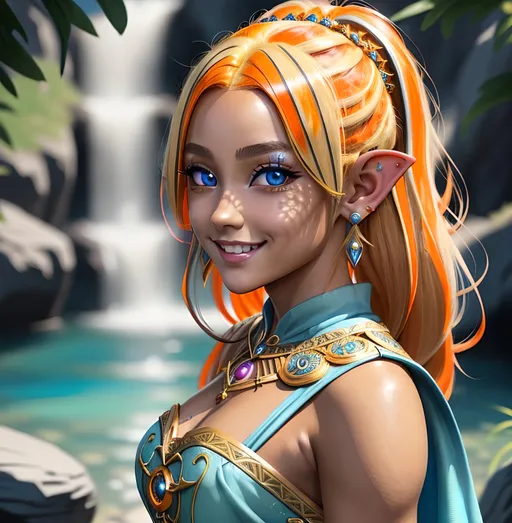 Prompt: masterpiece, splash art, ink painting, beautiful cute pop idol, D&D fantasy, (23 years old) lightly tanned-skinned hobbit girl, ((beautiful detailed face and large eyes)), mischievous grin, blonde with bright orange highlights hair, short small pointed ears, mischievous grin looking at the viewer, wearing intricate detailed light blue princess dress and casting a light spell, intricate hyper detailed hair, intricate hyper detailed eyelashes, intricate hyper detailed shining pupils #3238, UHD, hd , 8k eyes, detailed face, big anime dreamy eyes, 8k eyes, intricate details, insanely detailed, masterpiece, cinematic lighting, 8k, complementary colors, golden ratio, octane render, volumetric lighting, unreal 5, artwork, concept art, cover, top model, light on hair colorful glamourous hyperdetailed, intricate hyperdetailed breathtaking colorful glamorous scenic view landscape, ultra-fine details, hyper-focused, deep colors, dramatic lighting, ambient lighting god rays | by sakimi chan, artgerm, wlop, pixiv, tumblr, instagram, deviantart