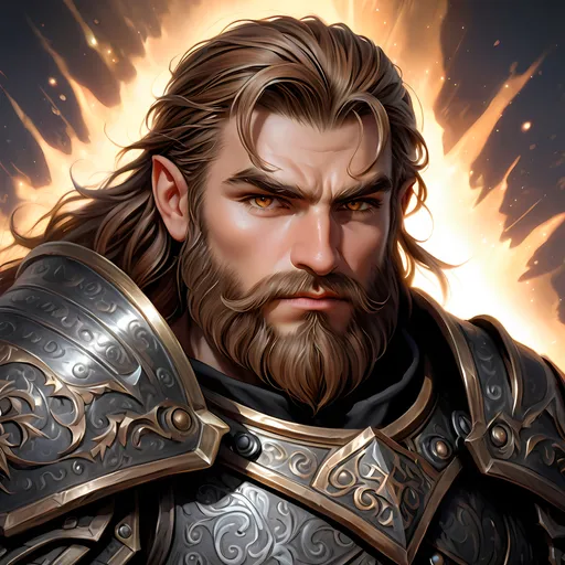 Prompt: Full body visible, oil painting, D&D fantasy, older years old ((Male)) dwarf, ((dwarf build, rugged older detailed face and hazel eyes)), ((Short, stocky, broad shoulders)), long straight light brown hair, long brown Dwarven beard, short pointed ears, determined look, looking at the viewer, intricate detailed black magical armor, intricate hyper detailed hair, intricate hyper detailed eyelashes, intricate hyper detailed shining pupils, #3238, UHD, hd , 8k eyes, detailed face, big anime dreamy eyes, 8k eyes, intricate details, insanely detailed, masterpiece, cinematic lighting, 8k, complementary colors, golden ratio, octane render, volumetric lighting, unreal 5, artwork, concept art, cover, top model, light on hair colorful glamourous hyperdetailed plains battlefield background, intricate hyperdetailed plains battlefield background, ultra-fine details, hyper-focused, deep colors, dramatic lighting, ambient lighting | by sakimi chan, artgerm, wlop, pixiv, tumblr, instagram, deviantart