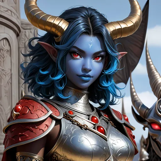 Prompt: Full body visible, oil painting, D&D Fantasy, young 20 years old Tiefling Female, ((Fully blue-skinned-female, blue-skinned-female)), Cleric, ((Beautiful detailed face and Red anime eyes)), Tiefling horns)), short tousled Black hair, Rogueish grin, looking at the viewer, Classic cleric chain mail armour praying in front of a statue, intricate hyper detailed hair, intricate hyper detailed eyelashes, intricate hyper detailed shining pupils, #3238, UHD, hd , 8k eyes, detailed face, big anime dreamy eyes, 8k eyes, intricate details, insanely detailed, masterpiece, cinematic lighting, 8k, complementary colors, golden ratio, octane render, volumetric lighting, unreal 5, artwork, concept art, cover, top model, light on hair colorful glamourous hyperdetailed temple background, intricate hyperdetailed temple background, ultra-fine details, hyper-focused, deep colors, dramatic lighting, ambient lighting | by sakimi chan, artgerm, wlop, pixiv, tumblr, instagram, deviantart