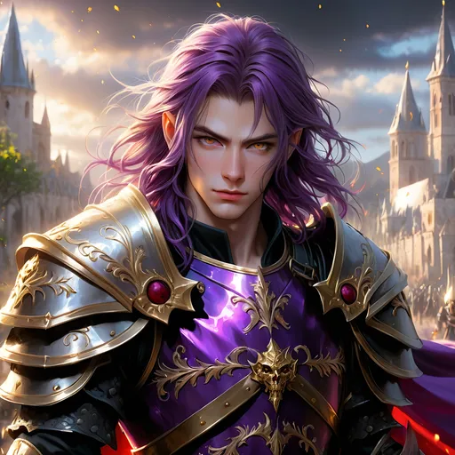 Prompt: Full body visible, oil painting, D&D fantasy, older rugged dignified looking pale-skinned-gnome man, pale-skinned-gnome male, short, clean shaven, ((handsome detailed face and golden eyes)), ((short rich purple hair, cropped hair)), ready for battle, pointed ears, looking at the viewer, ((warrior wearing intricate dark black devil themed armor)), intricate hyper detailed hair, intricate hyper detailed eyelashes, intricate hyper detailed shining pupils #3238, UHD, hd , 8k eyes, detailed face, big anime dreamy eyes, 8k eyes, intricate details, insanely detailed, masterpiece, cinematic lighting, 8k, complementary colors, golden ratio, octane render, volumetric lighting, unreal 5, artwork, concept art, cover, top model, light on hair colorful glamourous hyperdetailed medieval city background, intricate hyperdetailed breathtaking bloodied war torn view landscape, ultra-fine details, hyper-focused, deep colors, dramatic lighting, ambient lighting god rays | by sakimi chan, artgerm, wlop, pixiv, tumblr, instagram, deviantart