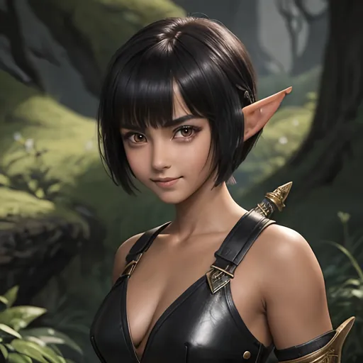 Prompt: masterpiece, splash art, ink painting, beautiful pop idol, D&D fantasy, (23 years old) lightly tanned-skinned hobbit girl, ((beautiful detailed face and large eyes)), mischievous grin, dark pixie cut hair, short small pointed ears, serious expression looking at the viewer, wearing detailed leather armor and wielding a dagger #3238, UHD, hd , 8k eyes, detailed face, big anime dreamy eyes, 8k eyes, intricate details, insanely detailed, masterpiece, cinematic lighting, 8k, complementary colors, golden ratio, octane render, volumetric lighting, unreal 5, artwork, concept art, cover, top model, light on hair colorful glamourous hyperdetailed medieval city background, intricate hyperdetailed breathtaking colorful glamorous scenic view landscape, ultra-fine details, hyper-focused, deep colors, dramatic lighting, ambient lighting god rays, flowers, garden | by sakimi chan, artgerm, wlop, pixiv, tumblr, instagram, deviantart