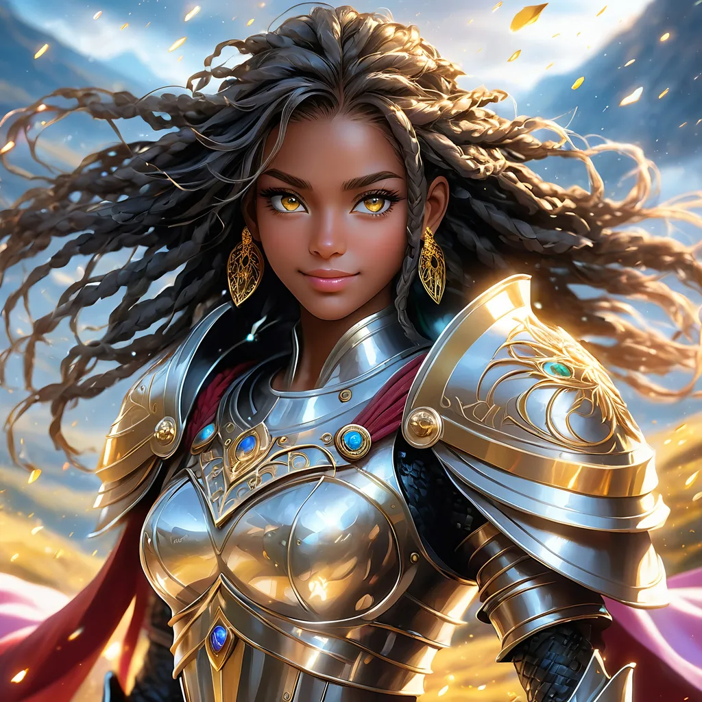 Prompt: Full body, oil painting, young 22 years old Human girl, dark-skinned-female, ((beautiful detailed face and glowing anime eyes)), dreadlocks black hair, rosy cheeks, smiling, looking at the viewer| shinning silver plate mail holding magical longsword and shield, intricate hyper detailed hair, intricate hyper detailed eyelashes, intricate hyper detailed shining pupils, #3238, UHD, hd , 8k eyes, detailed face, big anime dreamy eyes, 8k eyes, intricate details, insanely detailed, masterpiece, cinematic lighting, 8k, complementary colors, golden ratio, octane render, volumetric lighting, unreal 5, artwork, concept art, cover, top model, light on hair colorful glamourous hyperdetailed battlefield background, intricate hyperdetailed breathtaking colorful glamorous scenic view landscape, ultra-fine details, hyper-focused, deep colors, dramatic lighting, ambient lighting god rays | by sakimi chan, artgerm, wlop, pixiv, tumblr, instagram, deviantart