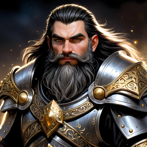 Prompt: Full body visible, oil painting, D&D fantasy, older years old ((Male)) Gold Dwarf, ((Stocky dwarf build, rugged older detailed face and hazel eyes)), Cleric, ((Short, stocky, slightly chubby, broad shoulders)), long straight black hair, long bushy black Dwarven beard, short pointed ears, determined look, looking at the viewer, intricate detailed black magical armour and using a large metal shield, intricate hyper detailed hair, intricate hyper detailed eyelashes, intricate hyper detailed shining pupils, #3238, UHD, hd , 8k eyes, detailed face, big anime dreamy eyes, 8k eyes, intricate details, insanely detailed, masterpiece, cinematic lighting, 8k, complementary colors, golden ratio, octane render, volumetric lighting, unreal 5, artwork, concept art, cover, top model, light on hair colorful glamourous hyperdetailed underground tunnel background, intricate hyperdetailed underground tunnel background, ultra-fine details, hyper-focused, deep colors, dramatic lighting, ambient lighting | by sakimi chan, artgerm, wlop, pixiv, tumblr, instagram, deviantart
