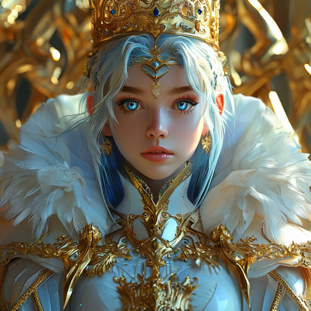 Prompt: Full body visible, D&D Fantasy, young 25 years old girl, ((beautiful detailed face and Blue anime eyes)), Warrior, straitened brilliant Bright Blonde hair, Regal Noble Determined grin, looking at the viewer, Regal intricate detailed Golden and White Queen's full plate armour with a small golden crown and a Royal white cape, intricate hyper detailed hair, intricate hyper detailed eyelashes, intricate hyper detailed shining pupils, #3238, UHD, hd , 8k eyes, detailed face, big anime dreamy eyes, 8k eyes, intricate details, insanely detailed, masterpiece, cinematic lighting, 8k, complementary colours, golden ratio, octane render, volumetric lighting, unreal 5, artwork, concept art, cover, top model, light on hair colourful glamorous hyper detailed ((Queen's Throne room background)), intricate hyper detailed ((Queens's Throne room background)), ultra-fine details, hyper-focused, deep colors, dramatic lighting, ambient lighting