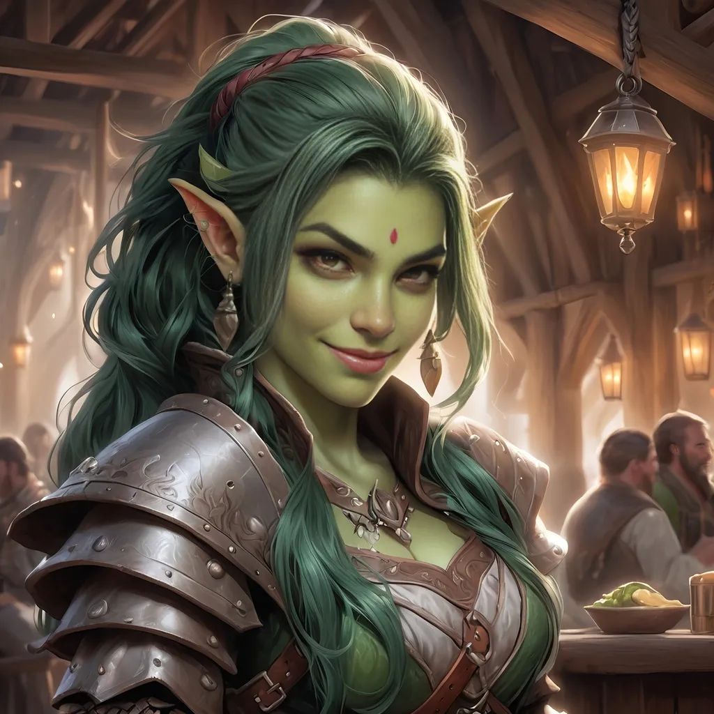 Prompt: Full Body, oil painting, D&D fantasy, very cute, 22 years old half orc female ((green-skinned-orc girl)) Bard, green-skinned-female, ((beautiful detailed face and large glowing red eyes)), Pious, rosy cheeks and nose,  long rich black hair, small short pointed ears, ((large tusks)), Happy laughing and singing in a medieval tavern, intricate detailed shapely ((leather bard clothes)), intricate hyper detailed hair, intricate hyper detailed eyelashes, intricate hyper detailed shining pupils #3238, UHD, hd , 8k eyes, detailed face, big anime dreamy eyes, 8k eyes, intricate details, insanely detailed, masterpiece, cinematic lighting, 8k, complementary colors, golden ratio, octane render, volumetric lighting, unreal 5, artwork, concept art, cover, top model, light on hair colorful glamourous hyperdetailed  inside of a Tavern background, intricate hyperdetailed inside of a Tavern background, ultra-fine details, hyper-focused, deep colors, dramatic lighting, ambient lighting god rays, | by sakimi chan, artgerm, wlop, pixiv, tumblr, instagram, deviantart