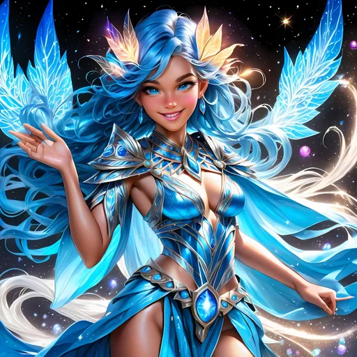 Prompt: Full body, oil painting, fantasy, Pixie girl, tanned-skinned-female, ((beautiful detailed face and glowing blue anime eyes)), bright blue hair, straight hair, rosy cheeks, smiling, looking at the viewer, Elemental sorceress wearing intricate detailed robes casting a spell, intricate hyper detailed hair, intricate hyper detailed eyelashes, intricate hyper detailed shining pupils #3238, UHD, hd , 8k eyes, detailed face, big anime dreamy eyes, 8k eyes, intricate details, insanely detailed, masterpiece, cinematic lighting, 8k, complementary colors, golden ratio, octane render, volumetric lighting, unreal 5, artwork, concept art, cover, top model, light on hair colorful glamourous hyperdetailed forest background at night with stars, intricate hyperdetailed breathtaking colorful glamorous scenic view landscape, ultra-fine details, hyper-focused, deep colors, dramatic lighting, ambient lighting god rays, | by sakimi chan, artgerm, wlop, pixiv, tumblr, instagram, deviantart