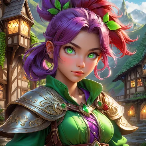 Prompt: Full body, oil painting, D&D fantasy, tanned-skinned-gnome girl, tanned-skinned-female, ((tiny short petite body)), ((beautiful detailed face and glowing anime green eyes)), very cute, determined look, short bright purple hair, ponytail, pointed ears, looking at the viewer, Ranger wearing intricate red and green adventurer's leather, intricate hyper detailed hair, intricate hyper detailed eyelashes, intricate hyper detailed shining pupils #3238, UHD, hd , 8k eyes, detailed face, big anime dreamy eyes, 8k eyes, intricate details, insanely detailed, masterpiece, cinematic lighting, 8k, complementary colors, golden ratio, octane render, volumetric lighting, unreal 5, artwork, concept art, cover, top model, light on hair colorful glamourous hyperdetailed medieval tavern background, intricate hyperdetailed breathtaking colorful glamorous scenic view landscape, ultra-fine details, hyper-focused, deep colors, dramatic lighting, ambient lighting god rays | by sakimi chan, artgerm, wlop, pixiv, tumblr, instagram, deviantart