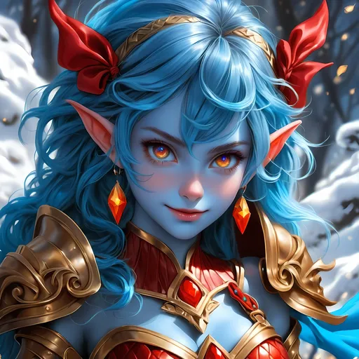 Prompt: Full body visible, oil painting, D&D Fantasy, young 20 years old Gnome girl, ((Fully blue-skinned-female, blue-skinned-female, Blue elf ears)), ((beautiful detailed face and glowing gold anime eyes)), short dyed Vibrant brilliant fiery red hair with brilliant blue highlights, predatory grin, looking at the viewer, Cleavage, perky, real, Brown leather armour with a bow, intricate hyper detailed hair, intricate hyper detailed eyelashes, intricate hyper detailed shining pupils, #3238, UHD, hd , 8k eyes, detailed face, big anime dreamy eyes, 8k eyes, intricate details, insanely detailed, masterpiece, cinematic lighting, 8k, complementary colors, golden ratio, octane render, volumetric lighting, unreal 5, artwork, concept art, cover, top model, light on hair colorful glamourous hyperdetailed cave background, intricate hyperdetailed cave background, ultra-fine details, hyper-focused, deep colors, dramatic lighting, ambient lighting | by sakimi chan, artgerm, wlop, pixiv, tumblr, instagram, deviantart