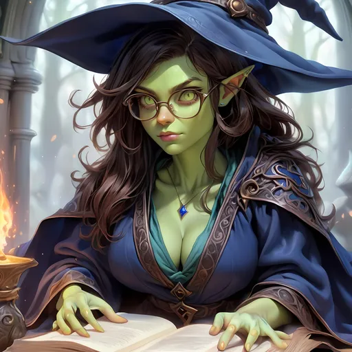 Prompt: Full Body, oil painting, D&D fantasy, very cute, 22 years old half-orc female ((green-skinned-half orc girl)) Wizard, green-skinned-female, ((beautiful detailed face and large glowing brown eyes)), Glasses, long rich brown hair, small short pointed ears, ((large tusks)), Determined and concentrating while reading a spell book, intricate detailed shapely ((Dark Blue Wizard robes and a black witches hat)), intricate hyper detailed hair, intricate hyper detailed eyelashes, intricate hyper detailed shining pupils #3238, UHD, hd , 8k eyes, detailed face, big anime dreamy eyes, 8k eyes, intricate details, insanely detailed, masterpiece, cinematic lighting, 8k, complementary colors, golden ratio, octane render, volumetric lighting, unreal 5, artwork, concept art, cover, top model, light on hair colorful glamourous hyperdetailed  inside a Wizard tower background, intricate hyperdetailed inside of a Wizard tower background, ultra-fine details, hyper-focused, deep colors, dramatic lighting, ambient lighting god rays, | by sakimi chan, artgerm, wlop, pixiv, tumblr, instagram, deviantart