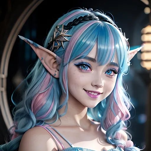 Prompt: masterpiece, splash art, ink painting, beautiful cute pop idol, D&D fantasy, (23 years old) hobbit girl, ((beautiful detailed face and large eyes)), mischievous grin, light blue with bright pink highlights hair, short small pointed ears, smiling looking at the viewer, wearing intricate detailed light blue sorceress dress and ((an intricate dark blue witches hat)) and casting an elemental ice spell, intricate hyper detailed hair, intricate hyper detailed eyelashes, intricate hyper detailed shining pupils #3238, UHD, hd , 8k eyes, detailed face, big anime dreamy eyes, 8k eyes, intricate details, insanely detailed, masterpiece, cinematic lighting, 8k, complementary colors, golden ratio, octane render, volumetric lighting, unreal 5, artwork, concept art, cover, top model, light on hair colorful glamourous hyperdetailed, intricate hyperdetailed breathtaking colorful glamorous scenic view landscape, ultra-fine details, hyper-focused, deep colors, dramatic lighting, ambient lighting god rays | by sakimi chan, artgerm, wlop, pixiv, tumblr, instagram, deviantart