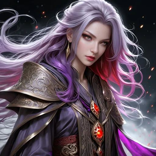 Prompt: Full Body visible, Side Profile, fantasy, Grey-skinned-human ((Female)), Grey-skinned-Undead female, ((beautiful detailed face and Dead Glowing Red eyes)) Wizard, Young beautiful face, long bright brilliant Purple hair, and with vibrant Brown eyes with a very stern and serious face looking at the viewer, wearing adventurer's intricate Wizard Robes standing casting a powerful Necromancy spell while leading an army of the dead behind him intricate hyper detailed hair, intricate hyper detailed eyelashes, intricate hyper detailed shining pupils #3238, UHD, hd , 8k eyes, detailed face, big anime dreamy eyes, 8k eyes, intricate details, insanely detailed, masterpiece, cinematic lighting, 8k, complementary colours, golden ratio, octane render, volumetric lighting, unreal 5, artwork, concept art, cover, top model, light on hair colourful glamorous hyper detailed, intricate hyper detailed breathtaking colourful leading an army of the dead, ultra-fine details, hyper-focused, deep colours, dramatic lighting, ambient lighting god rays,