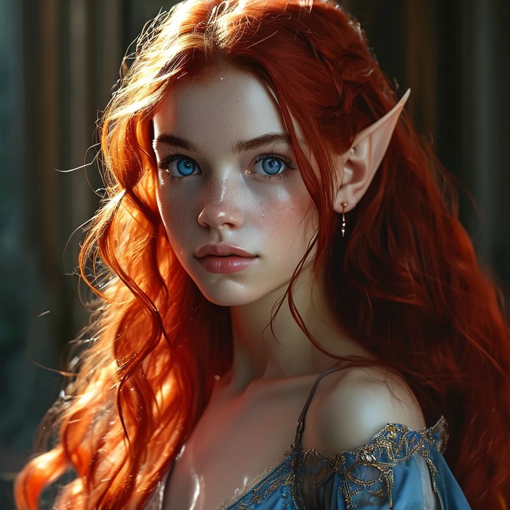 Prompt: Full Body, D&D fantasy, very cute ((light-skinned-Halfling girl)), light-skinned-female, slender, ((beautiful detailed face and large blue eyes)) long wavy Brilliant Bright Red hair, smiling but determined, Long pointed Elf ears, looking at the viewer, Flowing Sorceress Robes