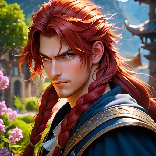 Prompt: oil painting, fantasy, a swashbuckling human male, perfect rugged face sporting slight stubble with red hair in braids, and with vibrant hazel eyes and a slight grin | Warrior wearing chaps and a duster and a cowboy-esque hat, no shirt, wielding an intircate rapier #3238, UHD, hd , 8k eyes, detailed face, big anime dreamy eyes, 8k eyes, intricate details, insanely detailed, masterpiece, cinematic lighting, 8k, complementary colors, golden ratio, octane render, volumetric lighting, unreal 5, artwork, concept art, cover, top model, light on hair colorful glamourous hyperdetailed medieval city background, intricate hyperdetailed breathtaking colorful glamorous scenic view landscape, ultra-fine details, hyper-focused, deep colors, dramatic lighting, ambient lighting god rays, flowers, garden | by sakimi chan, artgerm, wlop, pixiv, tumblr, instagram, deviantart