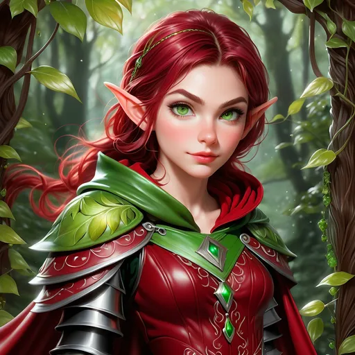 Prompt: Full Body, oil painting, D&D fantasy, very cute, 28 years old gnome female ((fair-skinned-elf girl)) Thief, fair-skinned-female, slender, ((beautiful detailed face and large glowing green eyes)), rosy cheeks and nose, deep ruby red hair in a pixie cut, determined look, small pointed ears, looking at the viewer, intricate detailed shapely ((black)) leather armor and long red cape, intricate hyper detailed hair, intricate hyper detailed eyelashes, intricate hyper detailed shining pupils #3238, UHD, hd , 8k eyes, detailed face, big anime dreamy eyes, 8k eyes, intricate details, insanely detailed, masterpiece, cinematic lighting, 8k, complementary colors, golden ratio, octane render, volumetric lighting, unreal 5, artwork, concept art, cover, top model, light on hair colorful glamourous hyperdetailed tavern, intricate hyperdetailed tavern background, ultra-fine details, hyper-focused, deep colors, dramatic lighting, ambient lighting god rays, | by sakimi chan, artgerm, wlop, pixiv, tumblr, instagram, deviantart