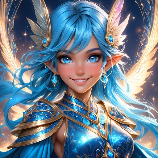 Prompt: Full body, oil painting, fantasy, Pixie girl, tanned-skinned-female, ((beautiful detailed face and glowing blue anime eyes)), bright straight blue hair, rosy cheeks, smiling, looking at the viewer, Elemental sorceress wearing intricate detailed blue robes casting a spell, intricate hyper detailed hair, intricate hyper detailed eyelashes, intricate hyper detailed shining pupils #3238, UHD, hd , 8k eyes, detailed face, big anime dreamy eyes, 8k eyes, intricate details, insanely detailed, masterpiece, cinematic lighting, 8k, complementary colors, golden ratio, octane render, volumetric lighting, unreal 5, artwork, concept art, cover, top model, light on hair colorful glamourous hyperdetailed forest background at night with stars, intricate hyperdetailed breathtaking colorful glamorous scenic view landscape, ultra-fine details, hyper-focused, deep colors, dramatic lighting, ambient lighting god rays, | by sakimi chan, artgerm, wlop, pixiv, tumblr, instagram, deviantart