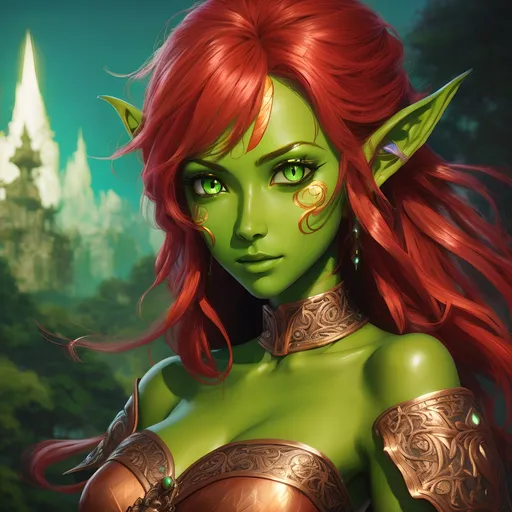 Prompt: ink painting, D&D fantasy, cute young ((green-skinned-goblin girl)), green-skinned-female, short petite body slender, beautiful, ((beautiful detailed face and large anime eyes)) long wavy fiery red hair, smiling, pointed ears, looking at the viewer, cleric wearing intricate adventurer outfit, intricate hyper detailed hair, intricate hyper detailed eyelashes, intricate hyper detailed shining pupils #3238, UHD, hd , 8k eyes, detailed face, big anime dreamy eyes, 8k eyes, intricate details, insanely detailed, masterpiece, cinematic lighting, 8k, complementary colors, golden ratio, octane render, volumetric lighting, unreal 5, artwork, concept art, cover, top model, light on hair colorful glamourous hyperdetailed, intricate hyperdetailed breathtaking colorful glamorous scenic view landscape, ultra-fine details, hyper-focused, deep colors, dramatic lighting, ambient lighting god rays, | by sakimi chan, artgerm, wlop, pixiv, tumblr, instagram, deviantart