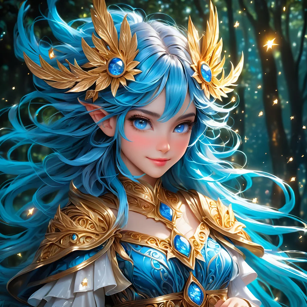 Prompt: Full body, oil painting, fantasy, Pixie girl, tanned-skinned-female, ((beautiful detailed face and glowing blue anime eyes)), bright blue hair, straight hair, rosy cheeks, smiling, looking at the viewer, Elemental sorceress wearing intricate detailed robes casting a spell, intricate hyper detailed hair, intricate hyper detailed eyelashes, intricate hyper detailed shining pupils #3238, UHD, hd , 8k eyes, detailed face, big anime dreamy eyes, 8k eyes, intricate details, insanely detailed, masterpiece, cinematic lighting, 8k, complementary colors, golden ratio, octane render, volumetric lighting, unreal 5, artwork, concept art, cover, top model, light on hair colorful glamourous hyperdetailed forest background at night with stars, intricate hyperdetailed breathtaking colorful glamorous scenic view landscape, ultra-fine details, hyper-focused, deep colors, dramatic lighting, ambient lighting god rays, | by sakimi chan, artgerm, wlop, pixiv, tumblr, instagram, deviantart