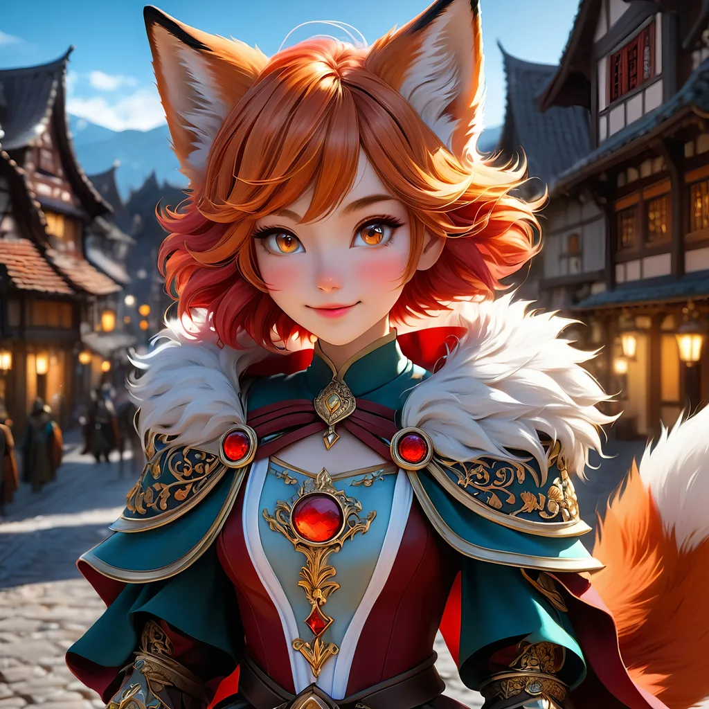 Prompt: Full body visible, oil painting, 26 years old ((anthropomorphic, furry, Fantasy, Kitsune fox girl)), ((anthropomorphic)), detailed fuzzy red fur, ((beautiful detailed face with fox muzzle and anime eyes)), short fiery red pixie cut hair, grinning and pondering the universe, looking into the distance, intricate detailed wizard outfit, intricate hyper detailed hair, intricate hyper detailed eyelashes, intricate hyper detailed shining pupils, #3238, UHD, hd , 8k eyes, detailed face, big anime dreamy eyes, 8k eyes, intricate details, insanely detailed, masterpiece, cinematic lighting, 8k, complementary colors, golden ratio, octane render, volumetric lighting, unreal 5, artwork, concept art, cover, top model, light on hair colorful glamourous hyperdetailed medieval town background, intricate hyperdetailed medieval town background, ultra-fine details, hyper-focused, deep colors, dramatic lighting, ambient lighting | by sakimi chan, artgerm, wlop, pixiv, tumblr, instagram, deviantart
