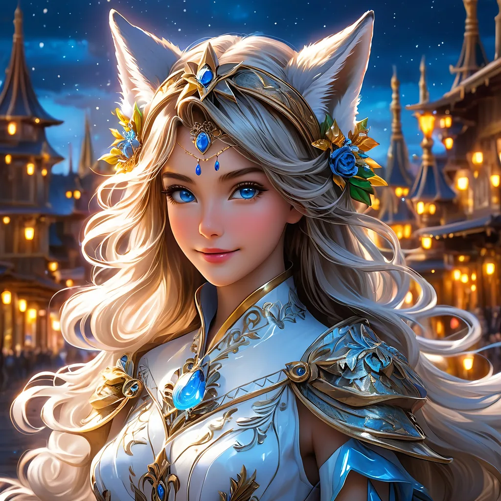 Prompt: full body, oil painting, fantasy, ((anthropomorphic furry fox girl)), tanned-furred-female, ((beautiful detailed face and glowing anime blue eyes)) dark hair, straight hair, fox ears, rosy cheeks, smiling, looking at the viewer| Elemental star wizard wearing intricate glowing blue and white dress casting a spell, #3238, UHD, hd , 8k eyes, detailed face, big anime dreamy eyes, 8k eyes, intricate details, insanely detailed, masterpiece, cinematic lighting, 8k, complementary colors, golden ratio, octane render, volumetric lighting, unreal 5, artwork, concept art, cover, top model, light on hair colorful glamourous hyperdetailed medieval city background, intricate hyperdetailed breathtaking colorful glamorous scenic view landscape, ultra-fine details, hyper-focused, deep colors, dramatic lighting, ambient lighting god rays | by sakimi chan, artgerm, wlop, pixiv, tumblr, instagram, deviantart