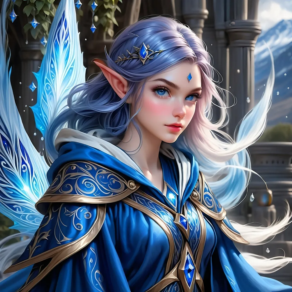 Prompt: Full Body, oil painting, D&D fantasy, very cute, 28 years old elf female ((fair-skinned-elf girl)) wizard, fair-skinned-female, slender, ((beautiful detailed face and large glowing blue eyes)), rosy cheeks, deep sapphire blue hair in a pixie cut, determined look, pointed ears, looking at the viewer, intricate detailed shapely blue and white flowing wizard robes, intricate hyper detailed hair, intricate hyper detailed eyelashes, intricate hyper detailed shining pupils #3238, UHD, hd , 8k eyes, detailed face, big anime dreamy eyes, 8k eyes, intricate details, insanely detailed, masterpiece, cinematic lighting, 8k, complementary colors, golden ratio, octane render, volumetric lighting, unreal 5, artwork, concept art, cover, top model, light on hair colorful glamourous hyperdetailed wizard's study background, intricate hyperdetailed breathtaking wizard's study background, ultra-fine details, hyper-focused, deep colors, dramatic lighting, ambient lighting god rays, | by sakimi chan, artgerm, wlop, pixiv, tumblr, instagram, deviantart