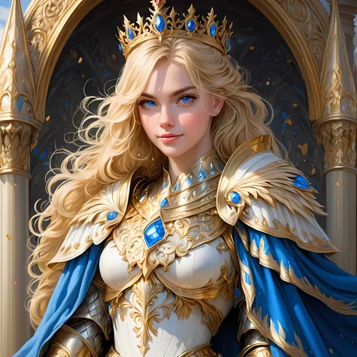 Prompt: Full body visible, oil painting, D&D Fantasy, young 25 years old girl, ((beautiful detailed face and Blue anime eyes)), Warrior, straitened brilliant blonde hair, Regal Noble Determined grin, looking at the viewer, Regal intricate detailed Golden and White Queen's full plate armour with a small golden crown and a Royal white cape, intricate hyper detailed hair, intricate hyper detailed eyelashes, intricate hyper detailed shining pupils, #3238, UHD, hd , 8k eyes, detailed face, big anime dreamy eyes, 8k eyes, intricate details, insanely detailed, masterpiece, cinematic lighting, 8k, complementary colors, golden ratio, octane render, volumetric lighting, unreal 5, artwork, concept art, cover, top model, light on hair colorful glamourous hyperdetailed ((Queen's Throne room background)), intricate hyperdetailed ((Queens's Throne room background)), ultra-fine details, hyper-focused, deep colors, dramatic lighting, ambient lighting | by sakimi chan, artgerm, wlop, pixiv, tumblr, instagram, deviantart