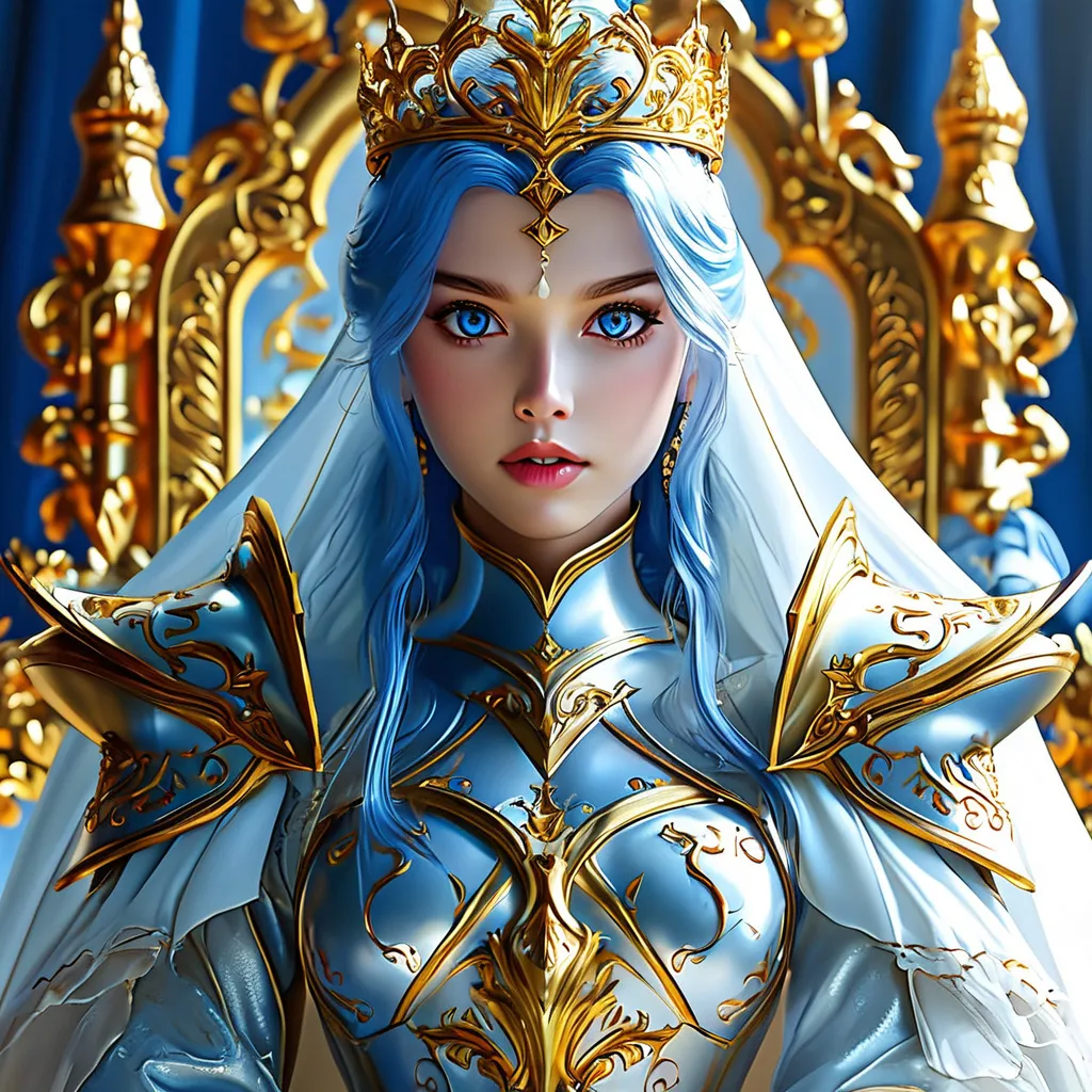 Prompt: Full body visible, D&D Fantasy, young 25 years old girl, ((beautiful detailed face and Blue anime eyes)), Warrior, straitened brilliant Bright Blonde hair, Regal Noble Determined grin, looking at the viewer, Regal intricate detailed Golden and White Queen's full plate armour with a small golden crown and a Royal white cape, intricate hyper detailed hair, intricate hyper detailed eyelashes, intricate hyper detailed shining pupils, #3238, UHD, hd , 8k eyes, detailed face, big anime dreamy eyes, 8k eyes, intricate details, insanely detailed, masterpiece, cinematic lighting, 8k, complementary colours, golden ratio, octane render, volumetric lighting, unreal 5, artwork, concept art, cover, top model, light on hair colourful glamorous hyper detailed ((Queen's Throne room background)), intricate hyper detailed ((Queens's Throne room background)), ultra-fine details, hyper-focused, deep colors, dramatic lighting, ambient lighting