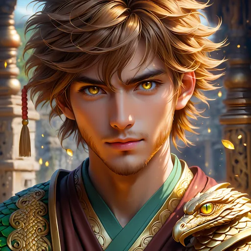 Prompt: Full body visible, oil painting, D&D fantasy, 22 years old mongrel man, ((half of body is reptile scales)), ((rugged detailed face and glowing gold anime eyes)), short mahogany hair, wise smile, looking at the viewer, intricate detailed cloth monk robes, intricate hyper detailed hair, intricate hyper detailed eyelashes, intricate hyper detailed shining pupils, #3238, UHD, hd , 8k eyes, detailed face, big anime dreamy eyes, 8k eyes, intricate details, insanely detailed, masterpiece, cinematic lighting, 8k, complementary colors, golden ratio, octane render, volumetric lighting, unreal 5, artwork, concept art, cover, top model, light on hair colorful glamourous hyperdetailed house ruins background, intricate hyperdetailed house ruins background, ultra-fine details, hyper-focused, deep colors, dramatic lighting, ambient lighting | by sakimi chan, artgerm, wlop, pixiv, tumblr, instagram, deviantart