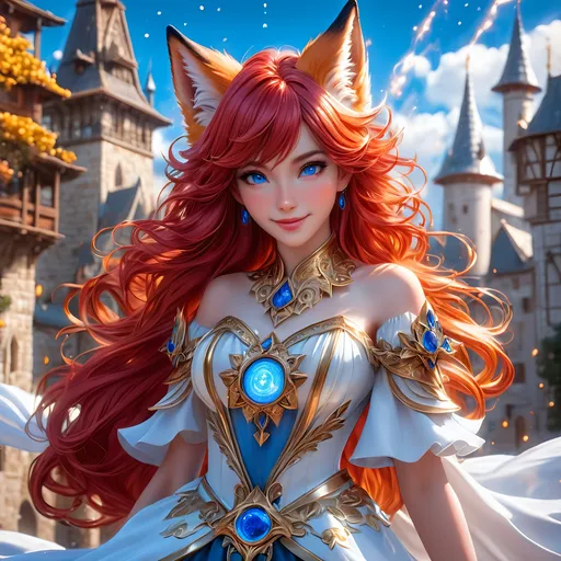 Prompt: full body, oil painting, fantasy, ((furry fox girl)), red-furred-female, ((beautiful detailed face and glowing anime blue eyes)) red hair, straight hair, fox ears, rosy cheeks, smiling, looking at the viewer| Elemental star wizard wearing intricate glowing blue and white dress casting a spell, #3238, UHD, hd , 8k eyes, detailed face, big anime dreamy eyes, 8k eyes, intricate details, insanely detailed, masterpiece, cinematic lighting, 8k, complementary colors, golden ratio, octane render, volumetric lighting, unreal 5, artwork, concept art, cover, top model, light on hair colorful glamourous hyperdetailed medieval city background, intricate hyperdetailed breathtaking colorful glamorous scenic view landscape, ultra-fine details, hyper-focused, deep colors, dramatic lighting, ambient lighting god rays | by sakimi chan, artgerm, wlop, pixiv, tumblr, instagram, deviantart