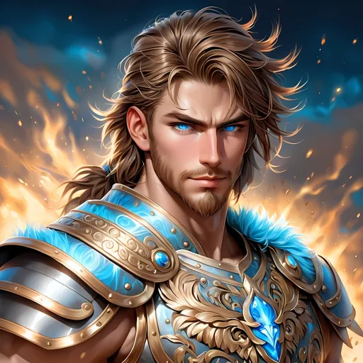 Prompt: Full Body, oil painting, fantasy, a human man with short cropped Dirty Brown hair tied back with vibrant light blue eyes, ((handsome detailed face and eyes)), large muscles warrior wearing armor, intricate hyper detailed hair, intricate hyper detailed eyelashes, intricate hyper detailed shining pupils #3238, UHD, hd , 8k eyes, detailed face, big anime dreamy eyes, 8k eyes, intricate details, insanely detailed, masterpiece, cinematic lighting, 8k, complementary colors, golden ratio, octane render, volumetric lighting, unreal 5, artwork, concept art, cover, top model, light on hair colorful glamourous hyperdetailed, ultra-fine details, intricate detailed battlefield background, hyper-focused, deep colors, dramatic lighting, ambient lighting god rays | by sakimi chan, artgerm, wlop, pixiv, tumblr, instagram, deviantart