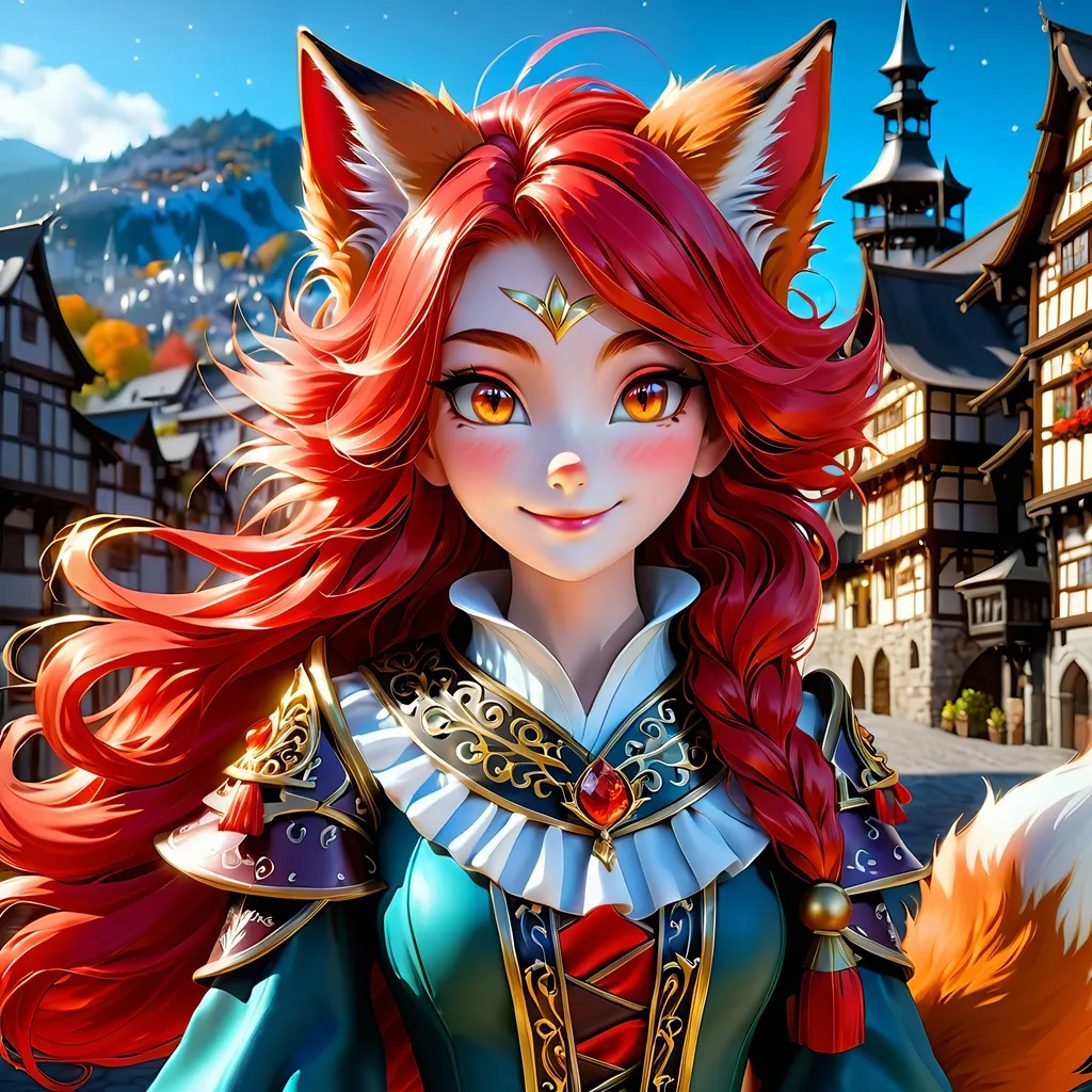 Prompt: Full body visible, oil painting, 26 years old ((anthropomorphic furry fox, Fantasy, Kitsune fox female)), ((anthropomorphic)), detailed fuzzy bright red fur, ((beautiful detailed anthropomorphic furry fox face with fox bright red haired muzzle and anime eyes)), long fiery red pixie cut hair, grinning and pondering the universe, looking into the distance, intricate detailed wizard outfit, intricate hyper detailed hair, intricate hyper detailed eyelashes, intricate hyper detailed shining pupils, #3238, UHD, hd , 8k eyes, detailed face, big anime dreamy eyes, 8k eyes, intricate details, insanely detailed, masterpiece, cinematic lighting, 8k, complementary colors, golden ratio, octane render, volumetric lighting, unreal 5, artwork, concept art, cover, top model, light on hair colorful glamourous hyperdetailed medieval town background, intricate hyperdetailed medieval town background, ultra-fine details, hyper-focused, deep colors, dramatic lighting, ambient lighting | by sakimi chan, artgerm, wlop, pixiv, tumblr, instagram, deviantart
