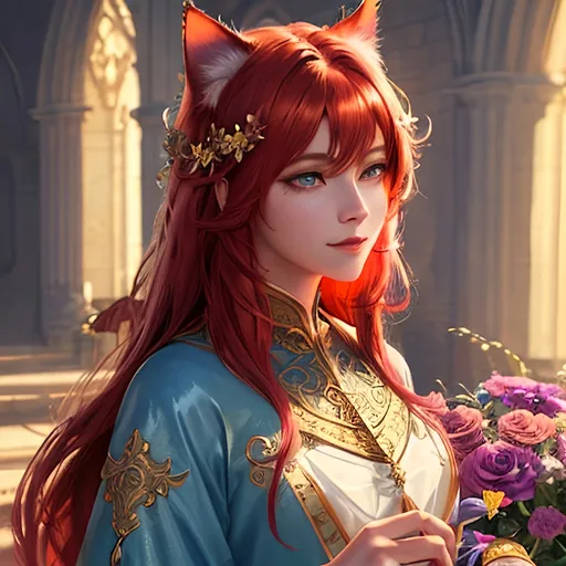 Prompt: oil painting, fantasy, Human girl, tanned-skinned-female, beautiful, red hair, straight hair, cat ears, rosy cheeks, smiling, looking at the viewer| Elemental star cleric wearing intricate glowing blue and white holy robes casting a healing spell, #3238, UHD, hd , 8k eyes, detailed face, big anime dreamy eyes, 8k eyes, intricate details, insanely detailed, masterpiece, cinematic lighting, 8k, complementary colors, golden ratio, octane render, volumetric lighting, unreal 5, artwork, concept art, cover, top model, light on hair colorful glamourous hyperdetailed medieval city background, intricate hyperdetailed breathtaking colorful glamorous scenic view landscape, ultra-fine details, hyper-focused, deep colors, dramatic lighting, ambient lighting god rays, flowers, garden | by sakimi chan, artgerm, wlop, pixiv, tumblr, instagram, deviantart