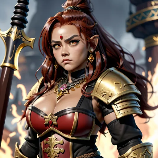 Prompt: masterpiece, splash art, ink painting, beautiful pop idol, D&D fantasy, (25 years old) lightly tanned-skinned gold Dwarf barbarian female, ((beautiful detailed face and large eyes)), ((short, stocky, dwarf proportions)), furious expression, medium length red hair, serious expression looking at the viewer, wearing detailed hide armor holding a huge battle axe above in one hand  in a tundra setting #3238, UHD, hd , 8k eyes, detailed face, big anime dreamy eyes, 8k eyes, intricate details, insanely detailed, masterpiece, cinematic lighting, 8k, complementary colors, golden ratio, octane render, volumetric lighting, unreal 5, artwork, concept art, cover, top model, light on hair colorful glamourous hyperdetailed medieval city background, intricate hyperdetailed breathtaking colorful glamorous scenic view landscape, ultra-fine details, hyper-focused, deep colors, dramatic lighting, ambient lighting god rays, flowers, garden | by sakimi chan, artgerm, wlop, pixiv, tumblr, instagram, deviantart