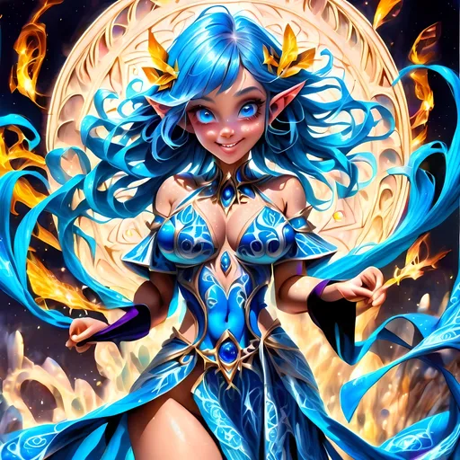 Prompt: Full body, oil painting, fantasy, Pixie girl, tanned-skinned-female, ((beautiful detailed face and glowing blue anime eyes)), bright blue hair, straight hair, rosy cheeks, smiling, looking at the viewer, Elemental sorceress wearing intricate detailed robes casting a spell, intricate hyper detailed hair, intricate hyper detailed eyelashes, intricate hyper detailed shining pupils #3238, UHD, hd , 8k eyes, detailed face, big anime dreamy eyes, 8k eyes, intricate details, insanely detailed, masterpiece, cinematic lighting, 8k, complementary colors, golden ratio, octane render, volumetric lighting, unreal 5, artwork, concept art, cover, top model, light on hair colorful glamourous hyperdetailed forest background at night with stars, intricate hyperdetailed breathtaking colorful glamorous scenic view landscape, ultra-fine details, hyper-focused, deep colors, dramatic lighting, ambient lighting god rays, | by sakimi chan, artgerm, wlop, pixiv, tumblr, instagram, deviantart