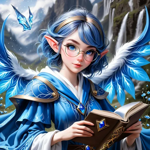 Prompt: Full Body, oil painting, D&D fantasy, very cute, 28 years old elf female ((fair-skinned-elf girl)) wizard, fair-skinned-female, slender, ((beautiful detailed face and large glowing blue eyes)), rosy cheeks, reading glasses, deep sapphire blue hair in a pixie cut, determined look, pointed ears, looking at the viewer, intricate detailed shapely blue and white flowing wizard robes, intricate hyper detailed hair, intricate hyper detailed eyelashes, intricate hyper detailed shining pupils #3238, UHD, hd , 8k eyes, detailed face, big anime dreamy eyes, 8k eyes, intricate details, insanely detailed, masterpiece, cinematic lighting, 8k, complementary colors, golden ratio, octane render, volumetric lighting, unreal 5, artwork, concept art, cover, top model, light on hair colorful glamourous hyperdetailed wizard's study background, intricate hyperdetailed breathtaking wizard's study background, ultra-fine details, hyper-focused, deep colors, dramatic lighting, ambient lighting god rays, | by sakimi chan, artgerm, wlop, pixiv, tumblr, instagram, deviantart