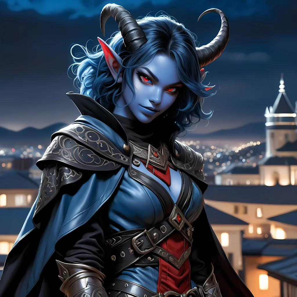 Prompt: Full body visible, oil painting, D&D Fantasy, young 20 years old Tiefling Female, ((Fully blue-skinned-female, blue-skinned-female)), Thief, ((Beautiful detailed face and Red anime eyes)), Tiefling horns)), short tousled black hair, Rogueish grin, looking at the viewer, Black sleek leather clothing wielding an intricate dagger on a rooftop at night, intricate hyper detailed hair, intricate hyper detailed eyelashes, intricate hyper detailed shining pupils, #3238, UHD, hd , 8k eyes, detailed face, big anime dreamy eyes, 8k eyes, intricate details, insanely detailed, masterpiece, cinematic lighting, 8k, complementary colors, golden ratio, octane render, volumetric lighting, unreal 5, artwork, concept art, cover, top model, light on hair colorful glamourous hyperdetailed rooftop at night background, intricate hyperdetailed rooftop at night background, ultra-fine details, hyper-focused, deep colors, dramatic lighting, ambient lighting | by sakimi chan, artgerm, wlop, pixiv, tumblr, instagram, deviantart