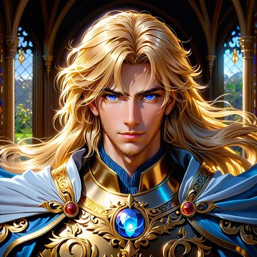 Prompt: Full body visible, oil painting, D&D fantasy, 24 years old ((Male)) Aasimar, ((handsome detailed face and Glowing Gold anime eyes)), long straight golden hair, No Beard, sly devious smile, looking at the viewer, intricate detailed noble clothes, intricate hyper detailed hair, intricate hyper detailed eyelashes, intricate hyper detailed shining pupils, #3238, UHD, hd , 8k eyes, detailed face, big anime dreamy eyes, 8k eyes, intricate details, insanely detailed, masterpiece, cinematic lighting, 8k, complementary colors, golden ratio, octane render, volumetric lighting, unreal 5, artwork, concept art, cover, top model, light on hair colorful glamourous hyperdetailed inside a medieval rich manor house background, intricate hyperdetailed inside a medieval rich manor house background, ultra-fine details, hyper-focused, deep colors, dramatic lighting, ambient lighting | by sakimi chan, artgerm, wlop, pixiv, tumblr, instagram, deviantart
