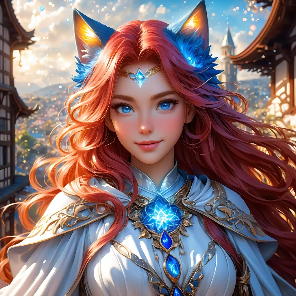 Prompt: full body, oil painting, fantasy, Human girl, tanned-skinned-female, ((beautiful detailed face and glowing anime blue eyes))red hair, straight hair, cat ears, rosy cheeks, smiling, looking at the viewer| Elemental star cleric wearing intricate glowing blue and white holy robes casting a healing spell, #3238, UHD, hd , 8k eyes, detailed face, big anime dreamy eyes, 8k eyes, intricate details, insanely detailed, masterpiece, cinematic lighting, 8k, complementary colors, golden ratio, octane render, volumetric lighting, unreal 5, artwork, concept art, cover, top model, light on hair colorful glamourous hyperdetailed medieval city background, intricate hyperdetailed breathtaking colorful glamorous scenic view landscape, ultra-fine details, hyper-focused, deep colors, dramatic lighting, ambient lighting god rays | by sakimi chan, artgerm, wlop, pixiv, tumblr, instagram, deviantart