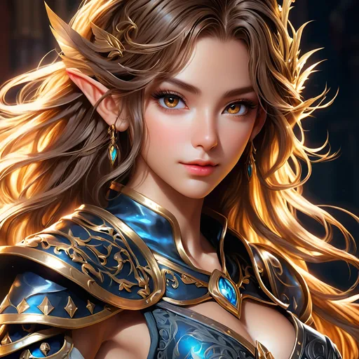 Prompt: Full Body visible, oil painting, D&D fantasy,  ((tanned-skinned-elf noble)), tanned-skinned-female, slender, ((beautiful detailed face and large dark anime eyes)) long wavy dark brown hair, devious smile, pointed ears, looking at the viewer, wearing leather adventurer's outfit with rapier in hand, intricate hyper detailed hair, intricate hyper detailed eyelashes, intricate hyper detailed shining pupils #3238, UHD, hd , 8k eyes, detailed face, big anime dreamy eyes, 8k eyes, intricate details, insanely detailed, masterpiece, cinematic lighting, 8k, complementary colors, golden ratio, octane render, volumetric lighting, unreal 5, artwork, concept art, cover, top model, light on hair colorful glamourous hyperdetailed, intricate hyperdetailed breathtaking colorful  villa, ultra-fine details, hyper-focused, deep colors, dramatic lighting, ambient lighting god rays, | by sakimi chan, artgerm, wlop, pixiv, tumblr, instagram, deviantart
