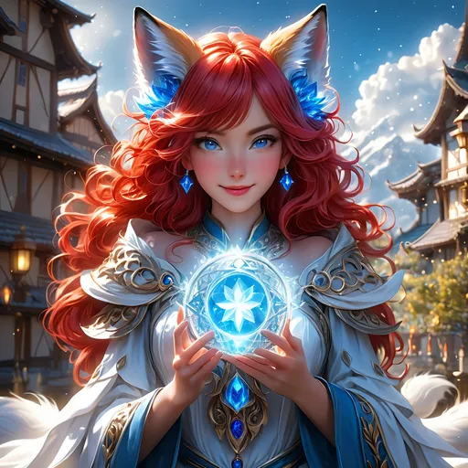 Prompt: full body, oil painting, fantasy, ((anthropomorphic furry fox girl)), red-furred-female, ((beautiful detailed face and glowing anime blue eyes)) red hair, straight hair, fox ears, rosy cheeks, smiling, looking at the viewer| Elemental star wizard wearing intricate glowing blue and white dress casting a spell, #3238, UHD, hd , 8k eyes, detailed face, big anime dreamy eyes, 8k eyes, intricate details, insanely detailed, masterpiece, cinematic lighting, 8k, complementary colors, golden ratio, octane render, volumetric lighting, unreal 5, artwork, concept art, cover, top model, light on hair colorful glamourous hyperdetailed medieval city background, intricate hyperdetailed breathtaking colorful glamorous scenic view landscape, ultra-fine details, hyper-focused, deep colors, dramatic lighting, ambient lighting god rays | by sakimi chan, artgerm, wlop, pixiv, tumblr, instagram, deviantart