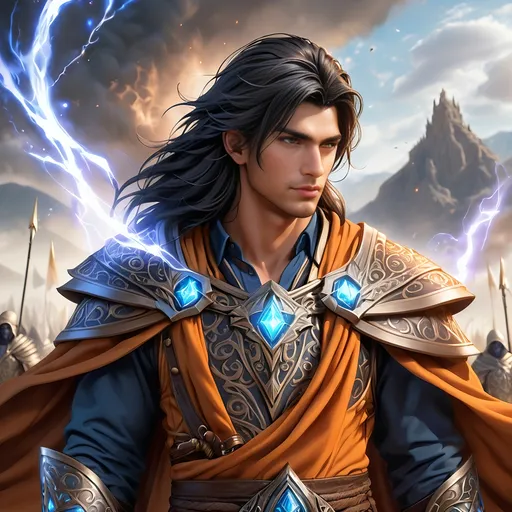 Prompt: Full Body visible, Side Profile, fantasy, tanned-skinned-human ((Male)), tanned-skinned-male, ((handsome detailed face and eyes)) Wziard, Young rugged face, long bright Black hair, and with vibrant Brown eyes with a very stern and serious face looking at the viewer, wearing adventurer's intricate Wizard Robes standing casting a powerful spell on a battlefield surrounded by the dead, intricate hyper detailed hair, intricate hyper detailed eyelashes, intricate hyper detailed shining pupils #3238, UHD, hd , 8k eyes, detailed face, big anime dreamy eyes, 8k eyes, intricate details, insanely detailed, masterpiece, cinematic lighting, 8k, complementary colours, golden ratio, octane render, volumetric lighting, unreal 5, artwork, concept art, cover, top model, light on hair colourful glamorous hyper detailed, intricate hyper detailed breathtaking colourful glamorous scenic view landscape, ultra-fine details, hyper-focused, deep colours, dramatic lighting, ambient lighting god rays,