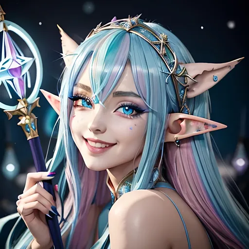 Prompt: masterpiece, splash art, ink painting, beautiful cute pop idol, D&D fantasy, (23 years old) elf girl, ((beautiful detailed face and large eyes)), mischievous grin, light blue with bright pink highlights hair, long slender pointed ears, smiling looking at the viewer, wearing intricate detailed light blue sorceress dress and ((an intricate dark blue witches hat)) and casting an elemental ice spell, intricate hyper detailed hair, intricate hyper detailed eyelashes, intricate hyper detailed shining pupils #3238, UHD, hd , 8k eyes, detailed face, big anime dreamy eyes, 8k eyes, intricate details, insanely detailed, masterpiece, cinematic lighting, 8k, complementary colors, golden ratio, octane render, volumetric lighting, unreal 5, artwork, concept art, cover, top model, light on hair colorful glamourous hyperdetailed, intricate hyperdetailed breathtaking colorful glamorous scenic view landscape, ultra-fine details, hyper-focused, deep colors, dramatic lighting, ambient lighting god rays | by sakimi chan, artgerm, wlop, pixiv, tumblr, instagram, deviantart
