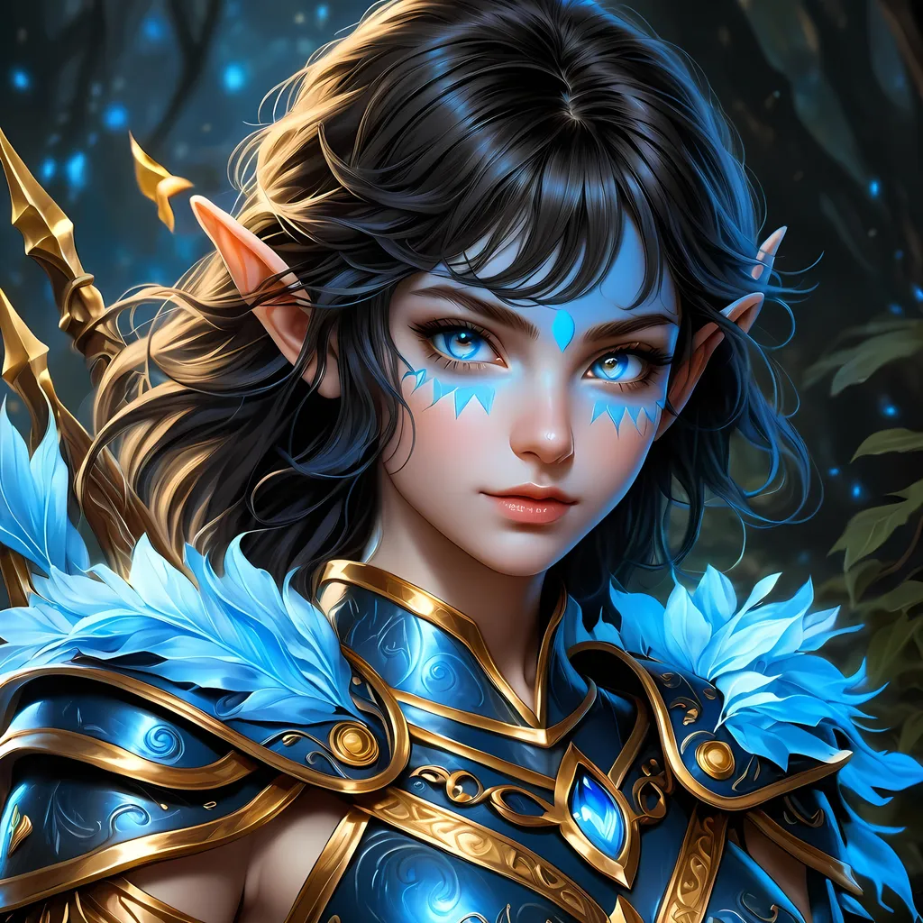 Prompt: Full body visible, oil painting, D&D Fantasy, young 20 years old Elf girl, ((blue-skinned-female, blue-skinned-female)), ((beautiful detailed face and glowing gold anime eyes)), short dark black hair, predatory grin, looking at the viewer, Brown leather armour with a bow, intricate hyper detailed hair, intricate hyper detailed eyelashes, intricate hyper detailed shining pupils, #3238, UHD, hd , 8k eyes, detailed face, big anime dreamy eyes, 8k eyes, intricate details, insanely detailed, masterpiece, cinematic lighting, 8k, complementary colors, golden ratio, octane render, volumetric lighting, unreal 5, artwork, concept art, cover, top model, light on hair colorful glamourous hyperdetailed cave background, intricate hyperdetailed cave background, ultra-fine details, hyper-focused, deep colors, dramatic lighting, ambient lighting | by sakimi chan, artgerm, wlop, pixiv, tumblr, instagram, deviantart