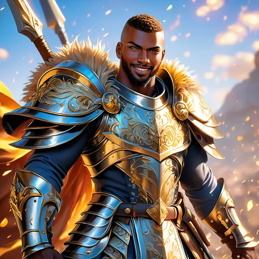 Prompt: Full Body, oil painting, fantasy, black man with shaved head with vibrant light hazel eyes, ((handsome detailed face and eyes)), big smile, ((no beard)), large muscles warrior wearing armor ((wielding a large Glaive with both hands)), intricate hyper detailed hair, intricate hyper detailed eyelashes, intricate hyper detailed shining pupils #3238, UHD, hd , 8k eyes, detailed face, big anime dreamy eyes, 8k eyes, intricate details, insanely detailed, masterpiece, cinematic lighting, 8k, complementary colors, golden ratio, octane render, volumetric lighting, unreal 5, artwork, concept art, cover, top model, light on hair colorful glamourous hyperdetailed, ultra-fine details, intricate detailed battlefield background, hyper-focused, deep colors, dramatic lighting, ambient lighting god rays | by sakimi chan, artgerm, wlop, pixiv, tumblr, instagram, deviantart