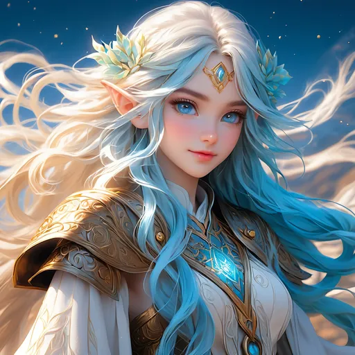 Prompt: Full Body, ink painting, D&D fantasy, cute young ((light blue-skinned-elf girl)), light blue-skinned-female, slender, ((beautiful detailed face and large anime eyes)) long wavy sky blue hair, smiling, pointed ears, looking at the viewer, cleric wearing intricate adventurer outfit, intricate hyper detailed hair, intricate hyper detailed eyelashes, intricate hyper detailed shining pupils #3238, UHD, hd , 8k eyes, detailed face, big anime dreamy eyes, 8k eyes, intricate details, insanely detailed, masterpiece, cinematic lighting, 8k, complementary colors, golden ratio, octane render, volumetric lighting, unreal 5, artwork, concept art, cover, top model, light on hair colorful glamourous hyperdetailed, intricate hyperdetailed breathtaking colorful glamorous scenic view landscape, ultra-fine details, hyper-focused, deep colors, dramatic lighting, ambient lighting god rays, | by sakimi chan, artgerm, wlop, pixiv, tumblr, instagram, deviantart