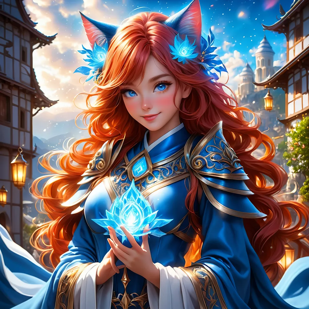 Prompt: full body, oil painting, fantasy, Human girl, tanned-skinned-female, ((beautiful detailed face and glowing anime blue eyes)) red hair, straight hair, cat ears, rosy cheeks, smiling, looking at the viewer| Elemental star cleric wearing intricate glowing blue and white holy robes casting a healing spell, #3238, UHD, hd , 8k eyes, detailed face, big anime dreamy eyes, 8k eyes, intricate details, insanely detailed, masterpiece, cinematic lighting, 8k, complementary colors, golden ratio, octane render, volumetric lighting, unreal 5, artwork, concept art, cover, top model, light on hair colorful glamourous hyperdetailed medieval city background, intricate hyperdetailed breathtaking colorful glamorous scenic view landscape, ultra-fine details, hyper-focused, deep colors, dramatic lighting, ambient lighting god rays | by sakimi chan, artgerm, wlop, pixiv, tumblr, instagram, deviantart